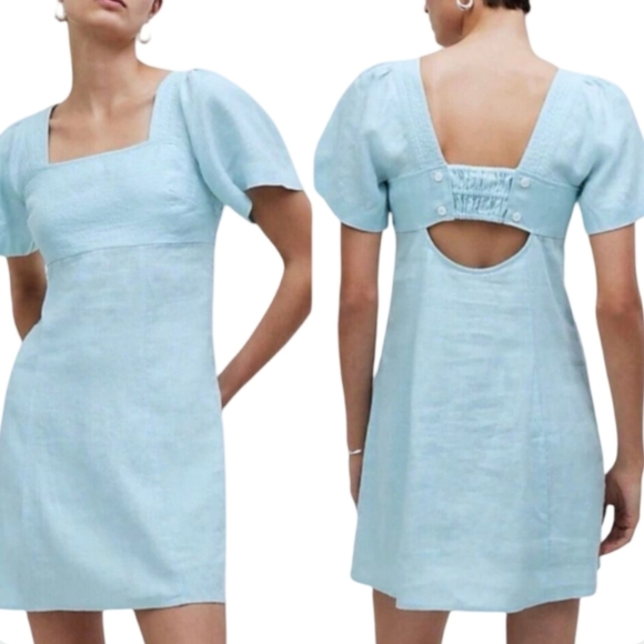 Madewell Square Neck Cutout Mini Dress 100% Linen Light Blue Size 10 NWT - Picture 1 of 13
